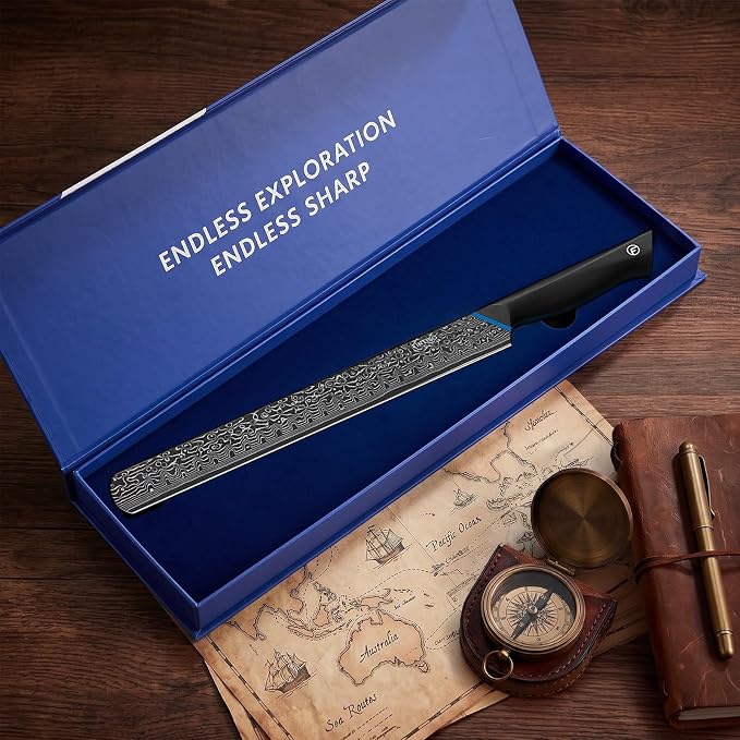 FINTISO Brisket Knife 11.6 Inch, 67-Layer Damascus Steel Carving Knife for Meat, Razor Sharp Japanese Slicing Knives for BBQ Roasts, Turkey, Ergonomic Full Tang G10 Handle - Zeus Series