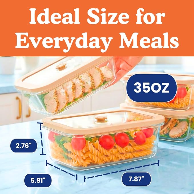 Non-Toxic 35 Oz (4.4 Cup) Glass Storage Containers with Lids โ Plastic Free Meal Prep Containers for Lunch, Airtight Food Storage, Microwave and Freezer Safe, 4 Pack - Ziruma