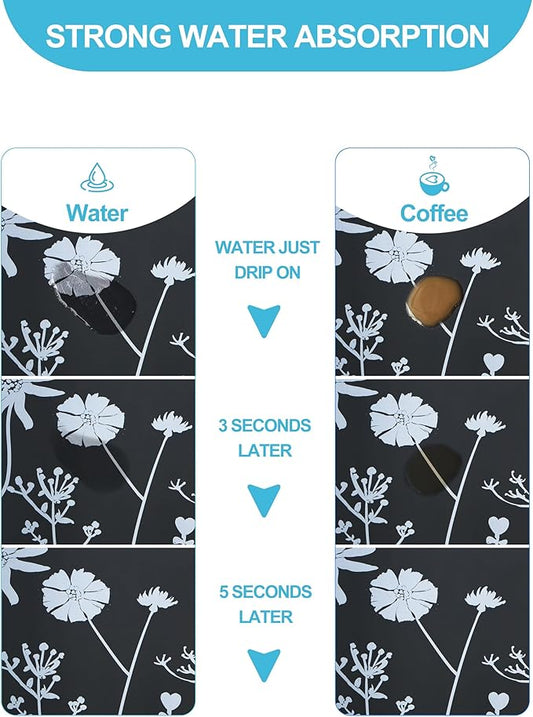 Dish Drying Mat for Kitchen Counter, 12"x19"Dish Drying Pad with Non-slip Rubber Backed, Hide Stain Anti Absorbent for Kitchen Counter, Drying Mat for Coffee Machine Dish Rack (Gray Daisy)