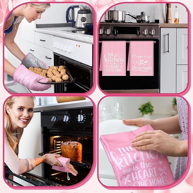 Sratte 6 Pcs Pink Kitchen Decor Accessories Set Cute Farmhouse Towels Pot Holders Oven Mitts Set 2 Dish Towels 2 Potholders 2 Cooking Mittens for Baking Cooking House Supply(Pink, Kitchen)
