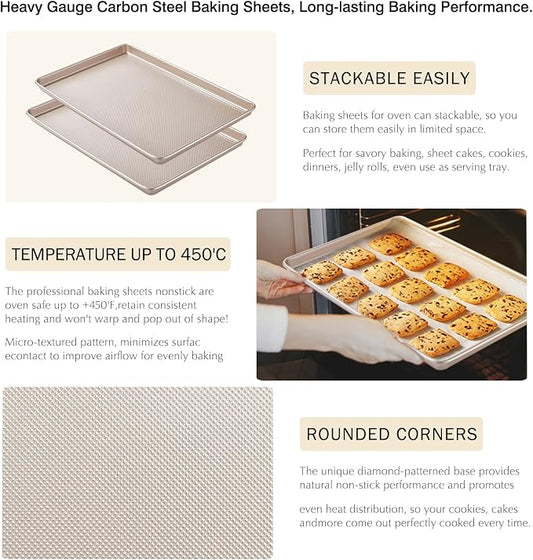 2 Pack Half Sheet Baking Pans,Commercial Quality Baking Sheet Pan Set,Carbon Steel Cooking Pans, Non Stick Baking Sheet for Oven,Large Thick Cookie Tray Pans for Baking(17.5" x 11.8" x 1")
