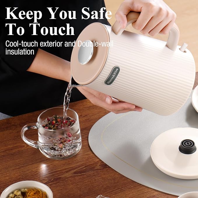 Nueve&Five 1.7L (57oz) Large Electric Kettle Perfect for 7+Cups of Tea and Coffee,2 quarts Double Wall Big Electric Tea Kettle,Auto Shut Off,1200W Hot Water Kettle Electric -Cream White