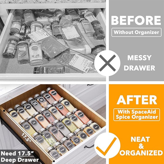 SpaceAid Spice Drawer Organizer with 28 Spice Jars, Bamboo Drawer Dividers with Inserts 4 Dividers with 9 Inserts (17-22 in)