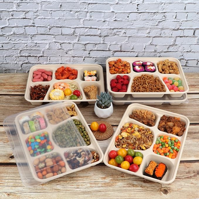 Sugarcane Fiber 40 oz 6 Compartments disposable plates with Lids Bagasse Plant Fibers Freezer Safe 25 Pack