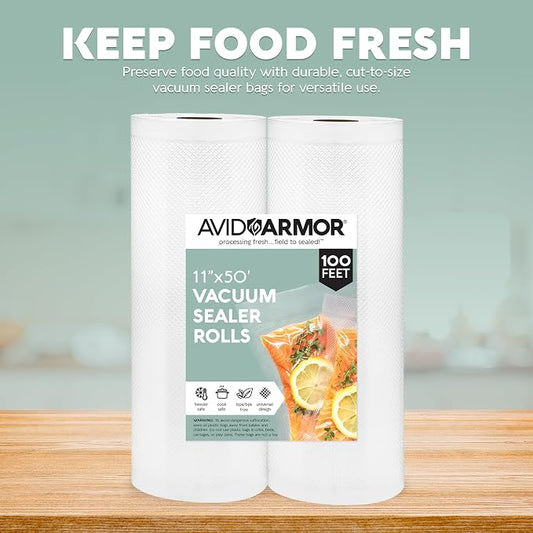Avid Armor Vacuum Seal Rolls, Vac Seal Bags for Food Storage, Meal Saver Freezer Vacuum Sealer Bags, Sous Vide Bags Vacuum Sealer, Non-BPA Vacuum Sealer Bags, 11 inches by 50 feet, Pack of 2