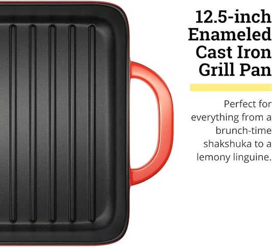 Lodge 12.5 x 8 Inch Enamel Cast Iron Grill Pan - Dual Assist Handles - Use in the Oven, on the Stove, on the Grill, or Over a Campfire - Red