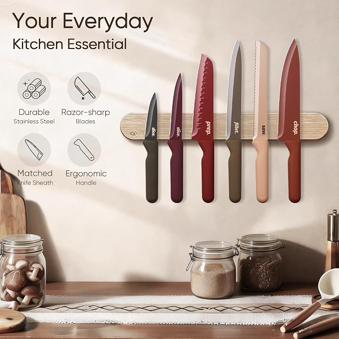 CAROTE Knife Set, 13 Pcs Kitchen Knife Set with Letter, 6 Stainless Steel Knives with Nonstick Ceramic Surface & Blade Guards, Kitchen Shears, Dishwasher Safe, Ergonomic Handles