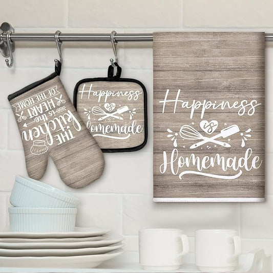 Sratte 6 Pcs Kitchen Decor Accessories Set Farmhouse Towels Pot Holders Oven Mitts Set 2 Dish Towels 2 Potholders 2 Cooking Mittens Oven Glove for Christmas Baking Cooking(Brown Wood Grain)