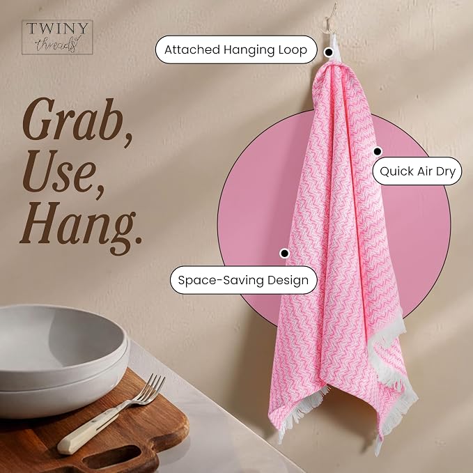 TWINY threads Dish Towel Chevron Weave, Premium 100% Cotton Kitchen Linen Set, Large Dish Rags and Wash Rags, Absorbent Quick Drying, Washable Reusable Dishcloth Set, 4 Pack, 16"x26", Rose Pink