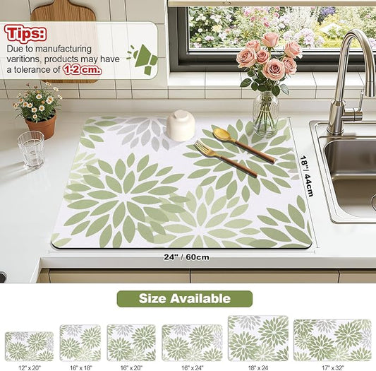 Findosom Floral Dish Drying Mat, 18" x 24" Super Absorbent & Hide Stain Coffee Mat, Cuttable Drying Mat for Kitchen Counter, Under Dish Rack, Coffee Maker, Espresso Machine, Sage Green