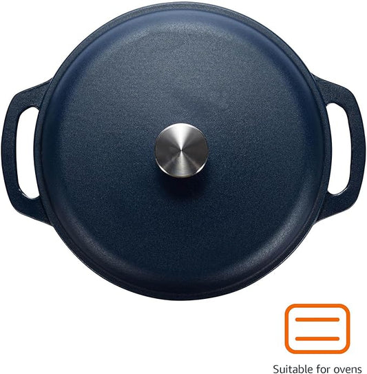 Amazon Basics Enameled Cast Iron Dutch Oven Pot with Lid, Round, Dual Handles, Heavy-Duty, Oven Safe for Stews, Roasting, Baking,6-Quart, Matte Navy