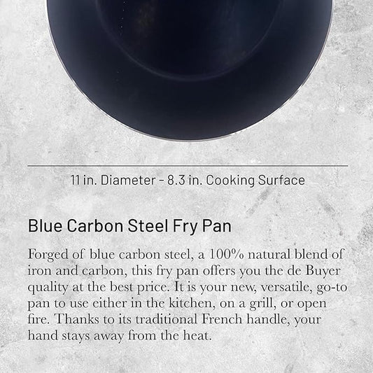 de Buyer - Blue Carbon Steel Fry Pan 2mm Thick - 11” Diameter, 8.3” Cooking Surface - Oven Safe - Naturally Non-Stick Finish - Made in France