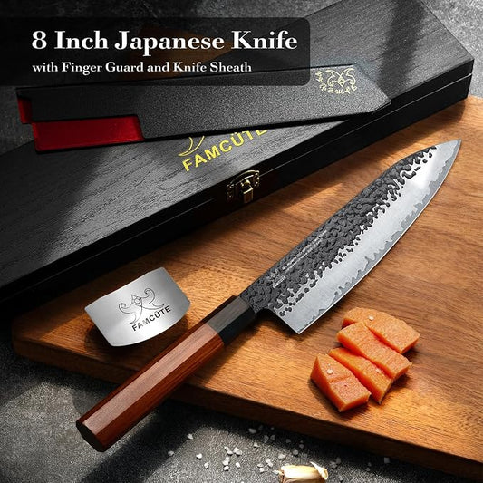 FAMCÜTE 8‘’ Japanese Knife, Hand-Forged Chef Knife with 5-Layer 9CR18MOV HC Steel and Ultra Sharp Non-Slip Rosewood Handle Kitchen Knife, Gift for People Who Love to Cook in Sandalwood Box