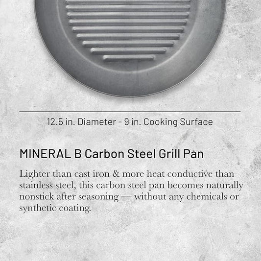 de Buyer MINERAL B Carbon Steel Grill Pan - 12.5” Diameter - Ideal for Grilling & Browning Meat - Naturally Non-Stick Finish - Made in France