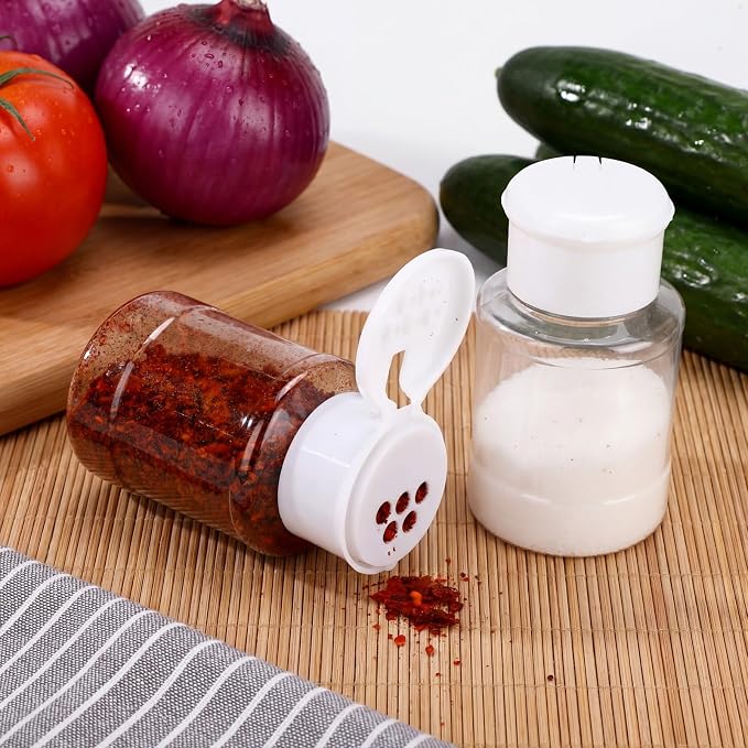 Amyhill 100 Pcs Plastic Spice Bottles Spice Jars with White Cap Seasoning Jars Shaker 2 Oz/ 60ml Clear Bottle Containers with Shaker Lids for Storing for Spices, Herbs, Powders, Glitters Supplies