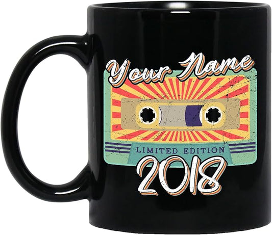 Personalized Vintage Cassette Tape Vintage 2018 Mug, Custom Your Name, 2018 Retro Coffee Mug, 4th Birthday Present Gifts, 2018 Birthday Gift For Friends Family, Customizable Black Tea Cups