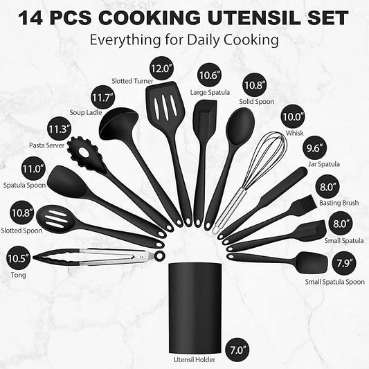 LIANYU 14 Pcs Silicone Kitchen Utensils Set with Holder, 446°F Heat Resistant Silicone Cooking Kitchen Utensils Spatula Set, Non-Stick & Dishwasher Safe Cooking Tools, Comfort Grip Handle, Black