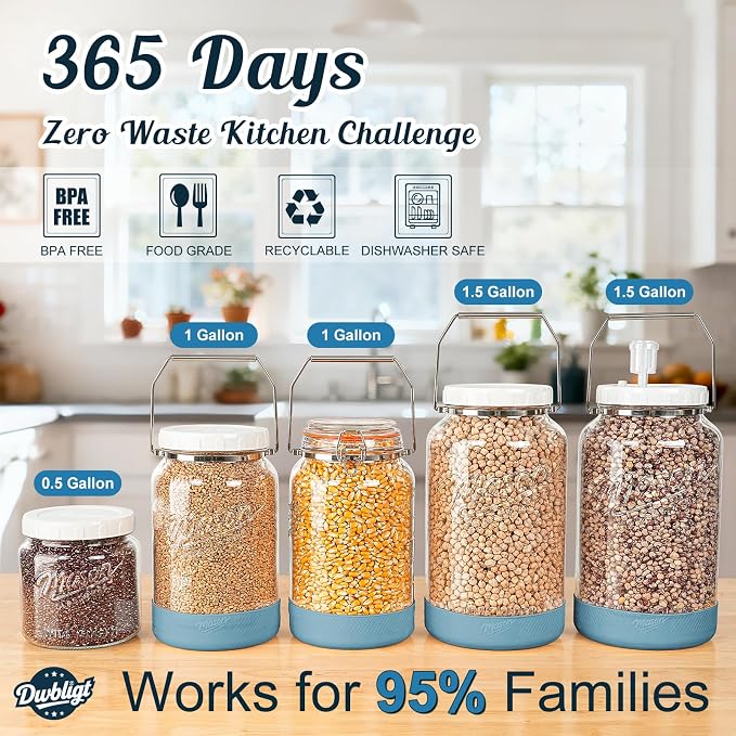 2 Packs 1 Gallon Glass Jars with Airtight Lids, Wide Mouth Mason Jars with Clip Top & Stainless Steel Handle & Silicone Base, Glass Storage Containers for Kitchen Storage, Pickling-Dual Scale
