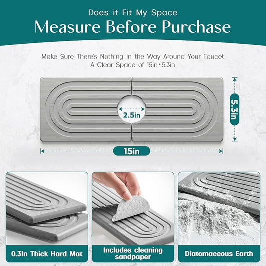 eormoe Faucet Mat for Kitchen Sink - Wider Diatomite Fast Drying Stone Sink Tray, Super Absorbent, Prevents Moisture Buildup - Faucet Splash Guard for Bathroom Counter (Grey, 15x5.3inch)