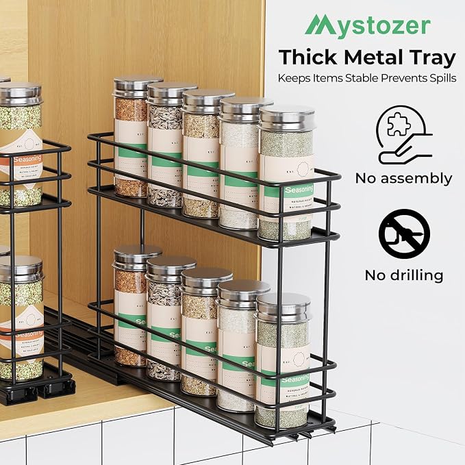 Mystozer Pull Out Spice Rack Organizer for Cabinet, Slide Out Spice Racks, Easy to Install Spice Cabinet Organizers, 5.2" Wx10.43 Dx8.26 H, 2 Packs 2 Tiers(Black)