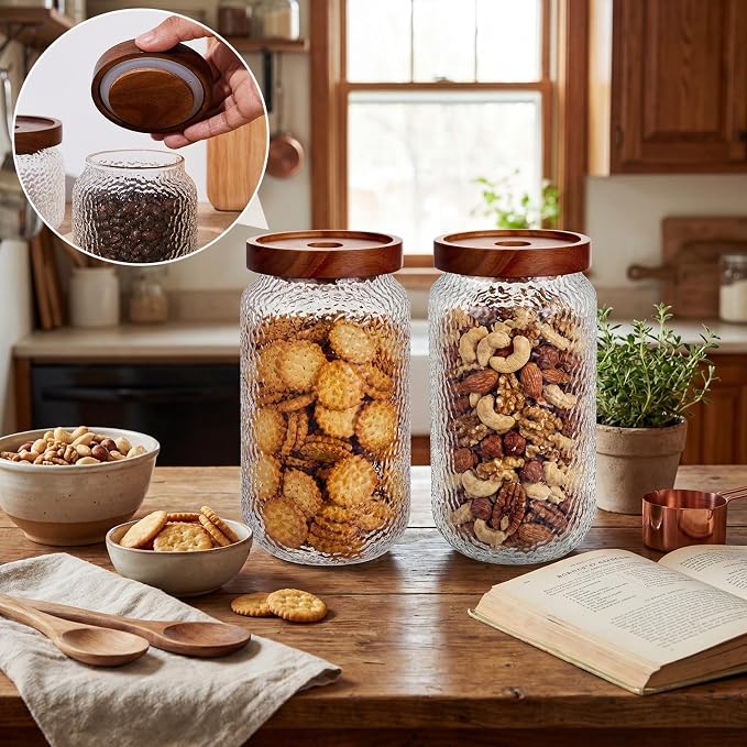 LemonRoad 4 Pack 27 oz Vintage Glass Jars with Lid Decorative Airtight Glass Food Containers Anti Slip Storage Canister for Kitchen Counter Pantry Coffee Nuts Sugar Candy Tea Cookie Spices Oats Cereal