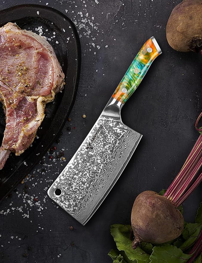 Chopping Knife - 7 inch Cleaver Knife- Xuan Series - VG10 Damascus Steel Kitchen Knife - Resin Handle (Fantasy Orange)