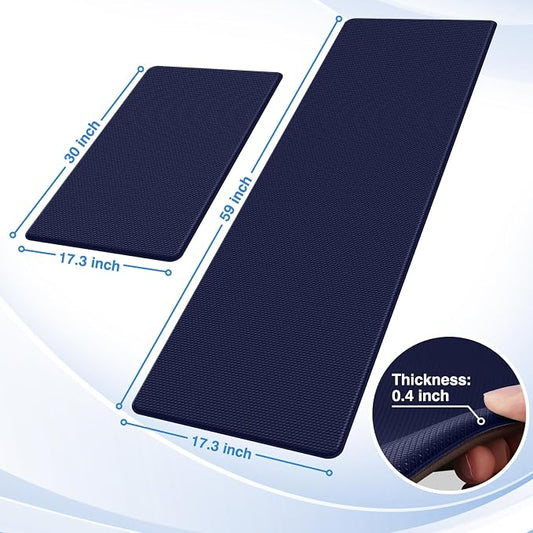 StepRite Kitchen Mats, 2PCS Kitchen Rugs, Cushioned Anti Fatigue Kitchen Mats for Floor, Non-Slip Standing Desk Mat, Waterproof Kitchen Rug Set for Kitchen, Floor, Office, 17.3"x30"+17.3"x59", Blue