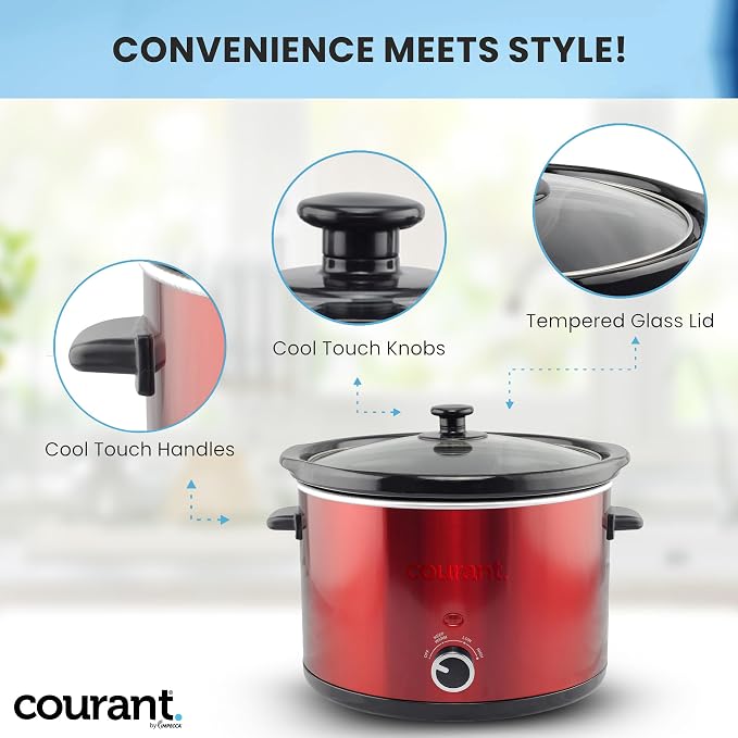 Courant 5.5 Quart Slow Cooker with Removable Ceramic Insert, & Glass Lid With Three Temperature Settings – Red