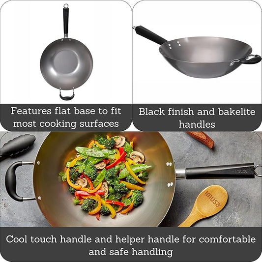 IMUSA USA Natural Wok with Triangle Handle 14-Inch, Silver