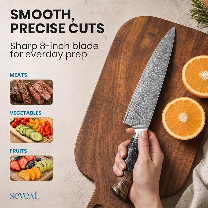Damascus Kitchen Knife | 67-Layer Damascus Steel | 13” Professional Chef Knife | Ergonomic Wood & Resin Handle | Gift Box Included (Black, 1 Piece)