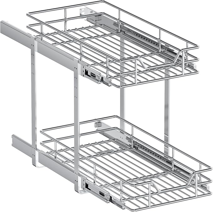2-Tier Pull Out Cabinet Organizer, 10.5" W x 18" D, Heavy Duty Dual Slide Out Shelves for Narrow Base Cabinets, Chrome Wire Basket Drawer for Spices, Bottles & Snacks