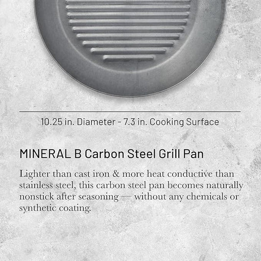 de Buyer MINERAL B Carbon Steel Grill Pan - 10.25” Diameter - Ideal for Grilling & Browning Meat - Naturally Non-Stick Finish - Made in France