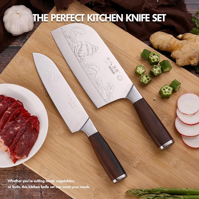 SHI BA ZI ZUO Meat Cleaver Set Chinese Style Patterns 7.09”&6.97" Chef Knife Stainless Steel Professional Kitchen Cleaver And Santoku Knife (Kitchen Knife Set 2 Pcs)