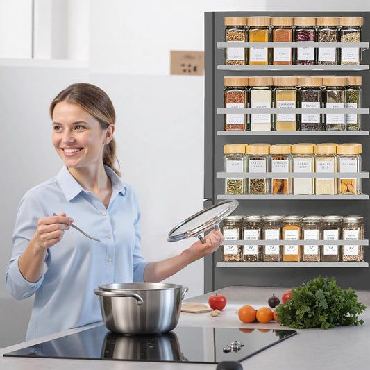 SMRCAD Magnetic Spice Rack for Refrigerator, 4pack Magnetic Shelf for Fridge Space Saving Seasoning Organizer for Any Metal Surface No Drilling Needed (GREY -cut out, 4pack)