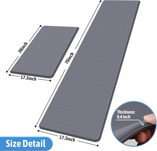 StepLively Kitchen Mat, 2 PCS Kitchen Rugs, Cushioned Kitchen Mats for Floor, Anti Fatigue Kitchen Rug Set, Non-Skid Standing Mat for Kitchen, Office, Sink, 17.3"x30"+17.3"x70", Grey