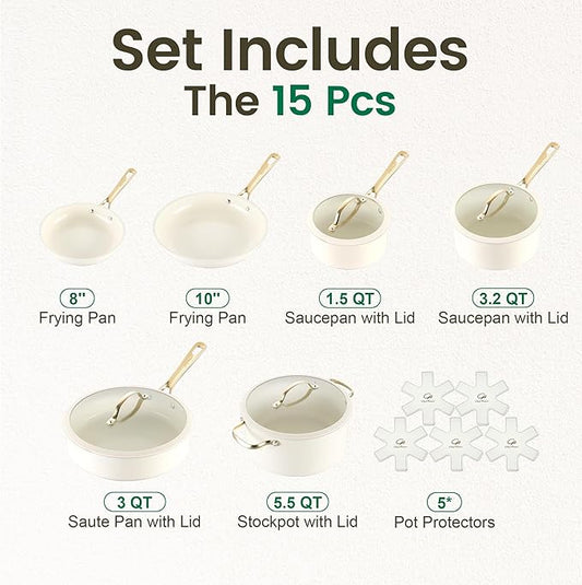 Chef Power Ceramic Cookware Sets, 15Pcs Pots and Pans Set Non Stick, Cookware Set with Stainless Steel Handle, Dishwasher & Oven Safe, Cream White and Light Gold Handle