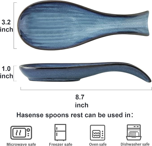 Hasense Spoon Rest for Stove Top - Navy Blue Spoon Holder for Kitchen Counter, Heat-Resistant Ceramic Cooking Utensil Rest for Spatula, Ladle and Tongs, Housewarming Gift
