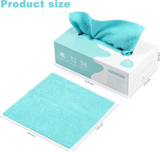 Luiruey Microfiber Cleaning Cloth Rags in A Box (20 Count) - 7.9" x 7.9" Reusable for Cars - Edgeless Terry Towels, Small Microfiber for Home, Kitchen (Blue)