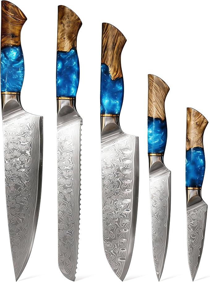 Damascus Kitchen Knife Set | 67-Layer Damascus Steel | Professional Japanese Chef Knife Set | Ergonomic Wood & Resin Handle | Gift Box Included (Blue, 5-Piece Set)