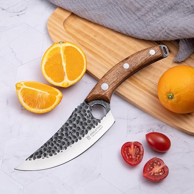 Chef Knife,Kitchen Knife for Boning,Cutting and Chopping,Hand Forged Butcher Knife,Stainless Steel Japanese Knife for Outdoor Cooking,Camping,BBQ,Ergonomic Handle,Brown