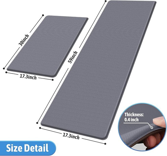 StepLively Kitchen Mat, 2 PCS Kitchen Rugs, Cushioned Kitchen Mats for Floor, Anti Fatigue Kitchen Rug Set, Non-Skid Standing Mat for Kitchen, Office, Sink, 17.3"×30"+17.3"×59", Grey