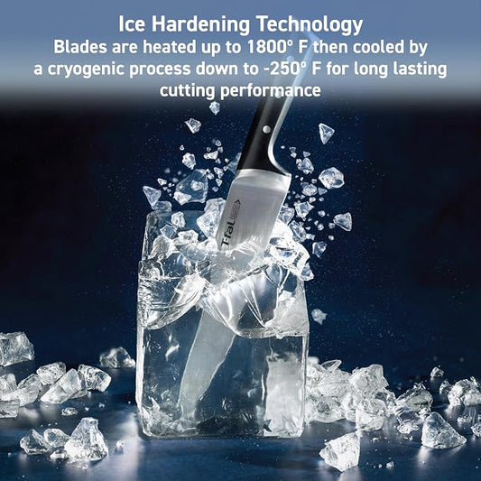 T-Fal Ice Force German Stainless Steel Steak Knife Set 4 Piece, Long Lasting Sharpness, High Cutting Precision, Superior Durability, Ultra Sharp Blades, Cookware Kitchen Knife, Cook Tool, BBQ, Black