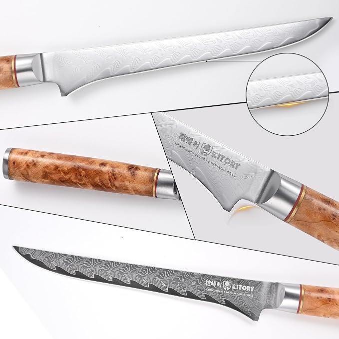 Kitory Damascus Boning Knife - Japanese Style Fillet Knife, Ultra Sharp 73-Layers HC Super Steel- Deboning Tool with White Shadow Wood Handle, with premium Gift Package