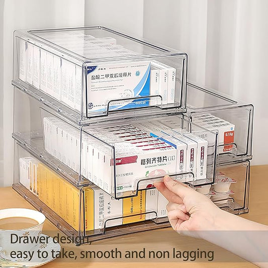 2 Pack - Clear Pulling Medicine Drawer First Aid Kit Box for Bathroom, Cabinet, Closet,Medicine Organizer, Medicine Storage Box Adhesive Bandages Family Emergency Kit (L drawer)