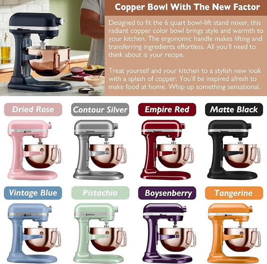 Copper Color Stainless Steel 6 Quart Mixing Bowl for Kitchen Aid Professional Bowl Lift Stand Mixer, Heavy Duty Extra Mixer Bowl fits KP26, KB26, Dishwasher Safe, Ergonomic Handle, Silicone Scraper