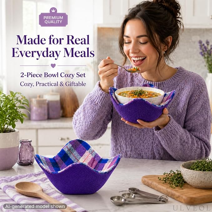 Set of 2 Purple with White Microwave Bowl Cloth Hot Pads - Multipurpose Heat Resistant Plate Holders - Hot Pads for Bouillon Cups - Pot Holder Microwavable Bowl Cozies for Food
