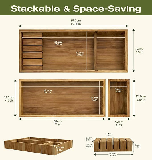 KOCWELL Bamboo Drawer Organizer with Knife Block, 3 Removable Silverware Drawer Organizer Bins - Multi-Use for Kitchen Utensils, Office, Makeup, Tools Storage