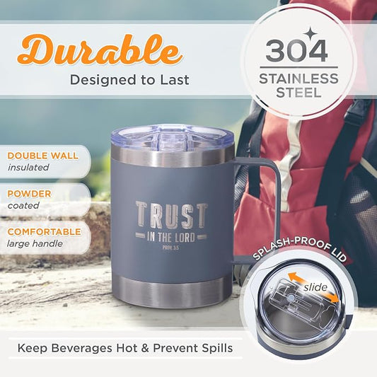 Christian Art Gifts Stainless Steel Double Wall Vacuum Insulated Camp Style Travel Mug 11 oz Gray Coffee Mug with Retractable Lid for Men/Women with Bible Verse- Trust In The Lord-Proverbs 3:5