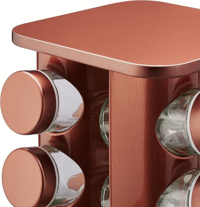 Relaxdays Spice Rack, 20 Glass Jars, Rotatable, Stainless Steel, H x W x D: Approx. 34 x 20 x 20 cm, Copper