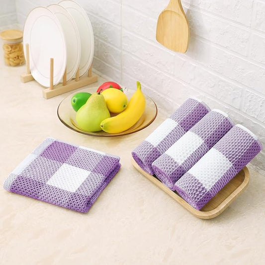 Homaxy 100% Cotton Waffle Weave Check Plaid Kitchen Towels, 13 x 28 Inches, Super Soft and Absorbent Dish Towels for Drying Dishes, 4-Pack, White & Purple